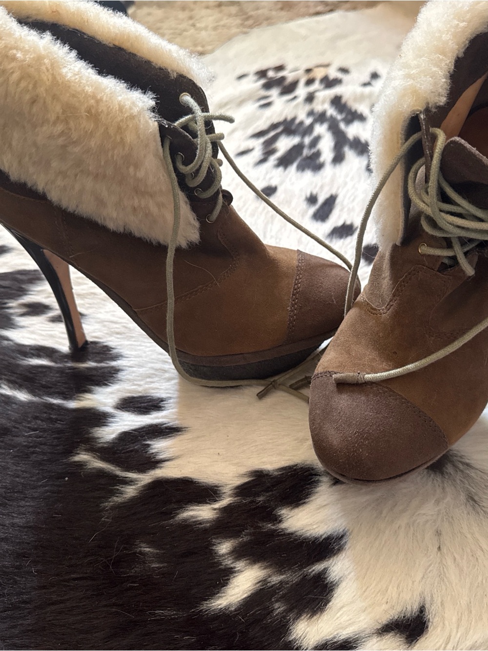 L.A.M.B. Brown Suede Shearling Lace-Up High-Heel Booties